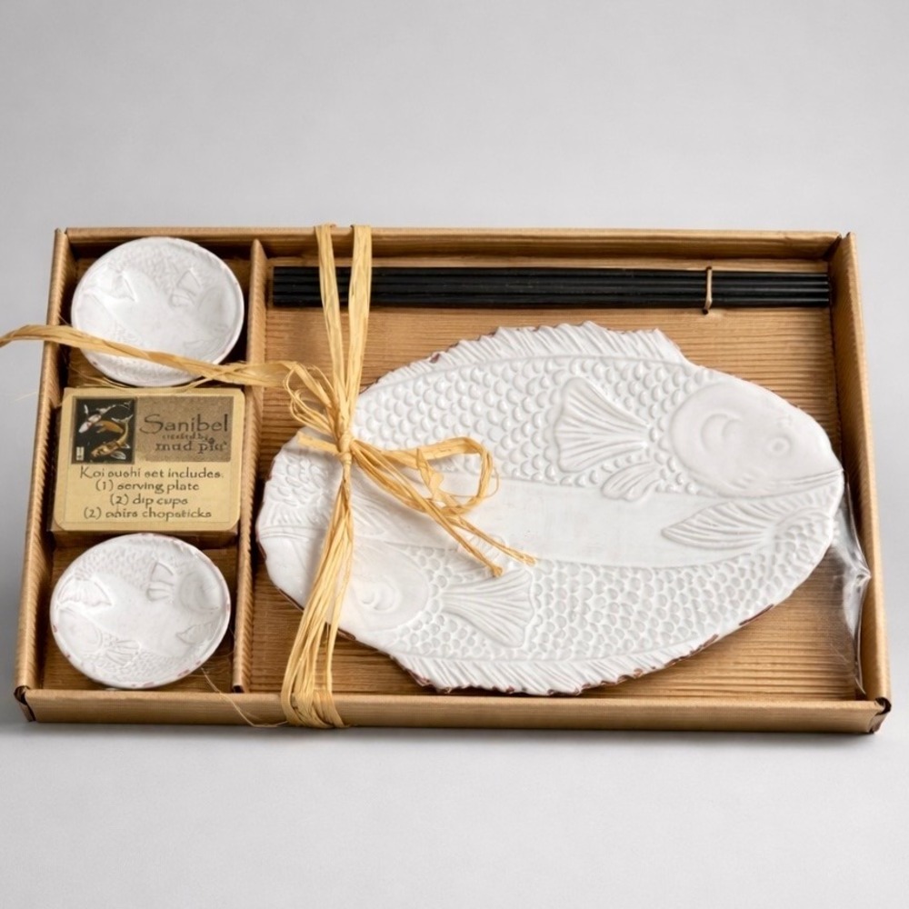 Mud Pie Sanibel Koi Sushi Set NIB Ceramic Fish Plate 9" Dip Cups & Chopsticks